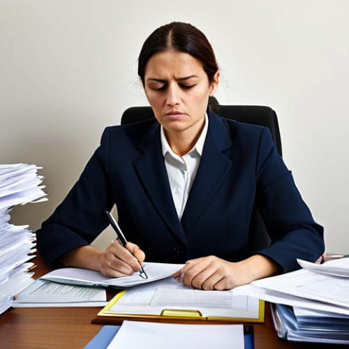Home 6 The Weight of Bureaucracy**
A professional female social worker, fully clothed in modest business attire, sits at a desk in a bustling, somewhat cluttered office. Her expression conveys focused determination mixed with visible frustration, as she is surrounded by stacks of paper files, folders, and documents, illustrating the overwhelming administrative burden. The setting emphasizes the sheer volume of paperwork and the time-consuming nature of the tasks. Natural pose, perfect anatomy, correct proportions, well-formed hands, proper finger count. Professional photography, high quality, realistic, safe for work, appropriate content, fully clothed, modest clothing.
**