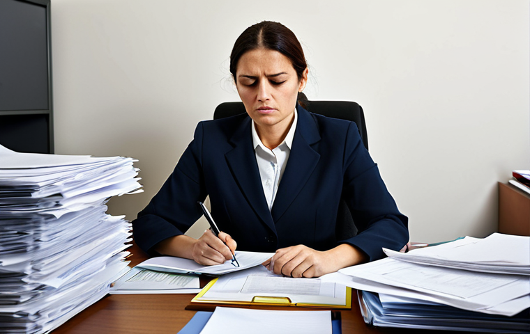 The Weight of Bureaucracy**
A professional female social worker, fully clothed in modest business attire, sits at a desk in a bustling, somewhat cluttered office. Her expression conveys focused determination mixed with visible frustration, as she is surrounded by stacks of paper files, folders, and documents, illustrating the overwhelming administrative burden. The setting emphasizes the sheer volume of paperwork and the time-consuming nature of the tasks. Natural pose, perfect anatomy, correct proportions, well-formed hands, proper finger count. Professional photography, high quality, realistic, safe for work, appropriate content, fully clothed, modest clothing.

**