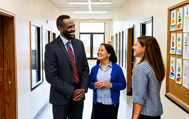 **

"A diverse group of parents and teachers in a brightly lit school hallway, fully clothed, engaging in a friendly conversation near a bulletin board filled with children's artwork, appropriate attire, safe for work, family-friendly, perfect anatomy, natural proportions, professional photograph, high quality, modest clothing, well-formed hands, proper finger count. Focus on creating a welcoming and inclusive atmosphere."

**