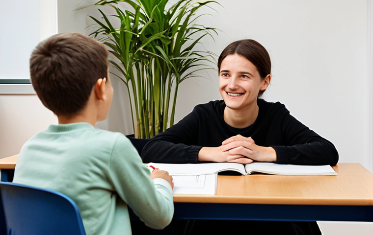 학교사회복지사의 현장 문제 해결 사례 - A warm, inviting office setting in a French school. A compassionate school social worker, perhaps a ...