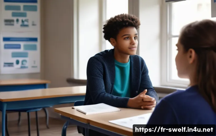 학교사회복지사와 교육복지사의 역할 비교 - A compassionate school social worker attentively listening to a teenage student in a modern French c...