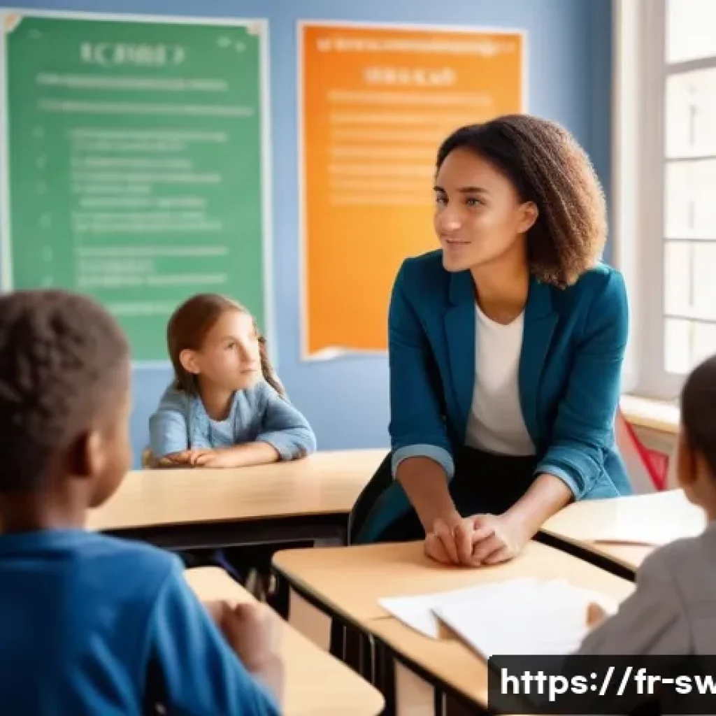 학교사회복지사의 상담 기법 - A compassionate social worker attentively listening to a diverse group of French schoolchildren in a...