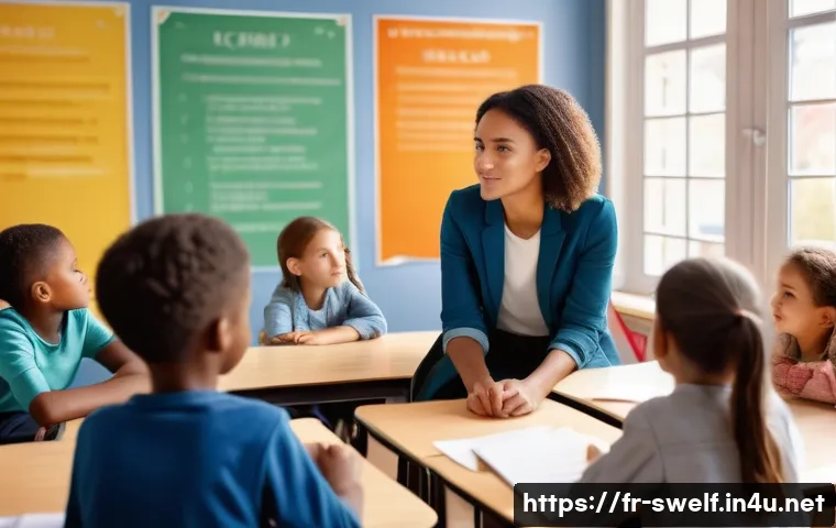 학교사회복지사의 상담 기법 - A compassionate social worker attentively listening to a diverse group of French schoolchildren in a...