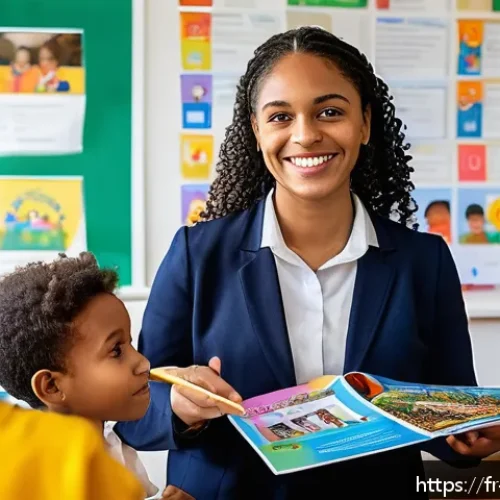학교사회복지사 이론과 실무 통합하기 - A compassionate French school social worker in a modern primary school setting, engaging warmly with...