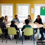 학교사회복지사 윤리적 딜레마 해결 사례 - A warm and inviting school social work setting in a modern French classroom, showing a diverse group...