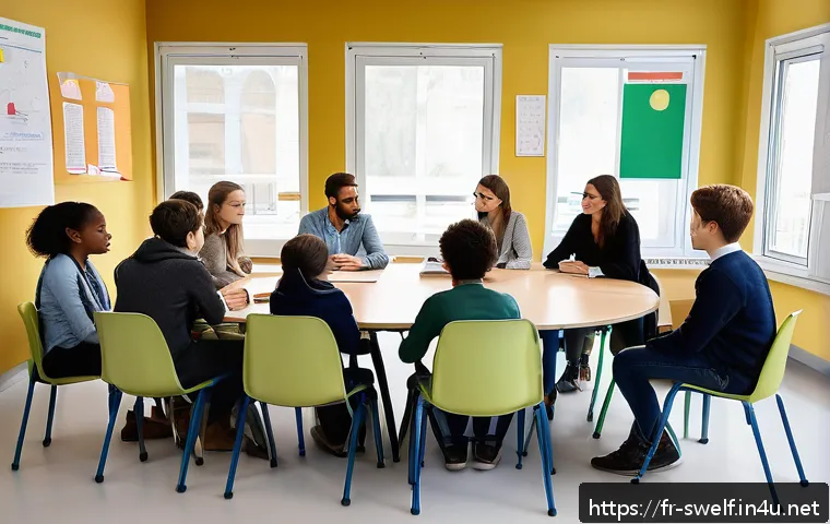 학교사회복지사 윤리적 딜레마 해결 사례 - A warm and inviting school social work setting in a modern French classroom, showing a diverse group...